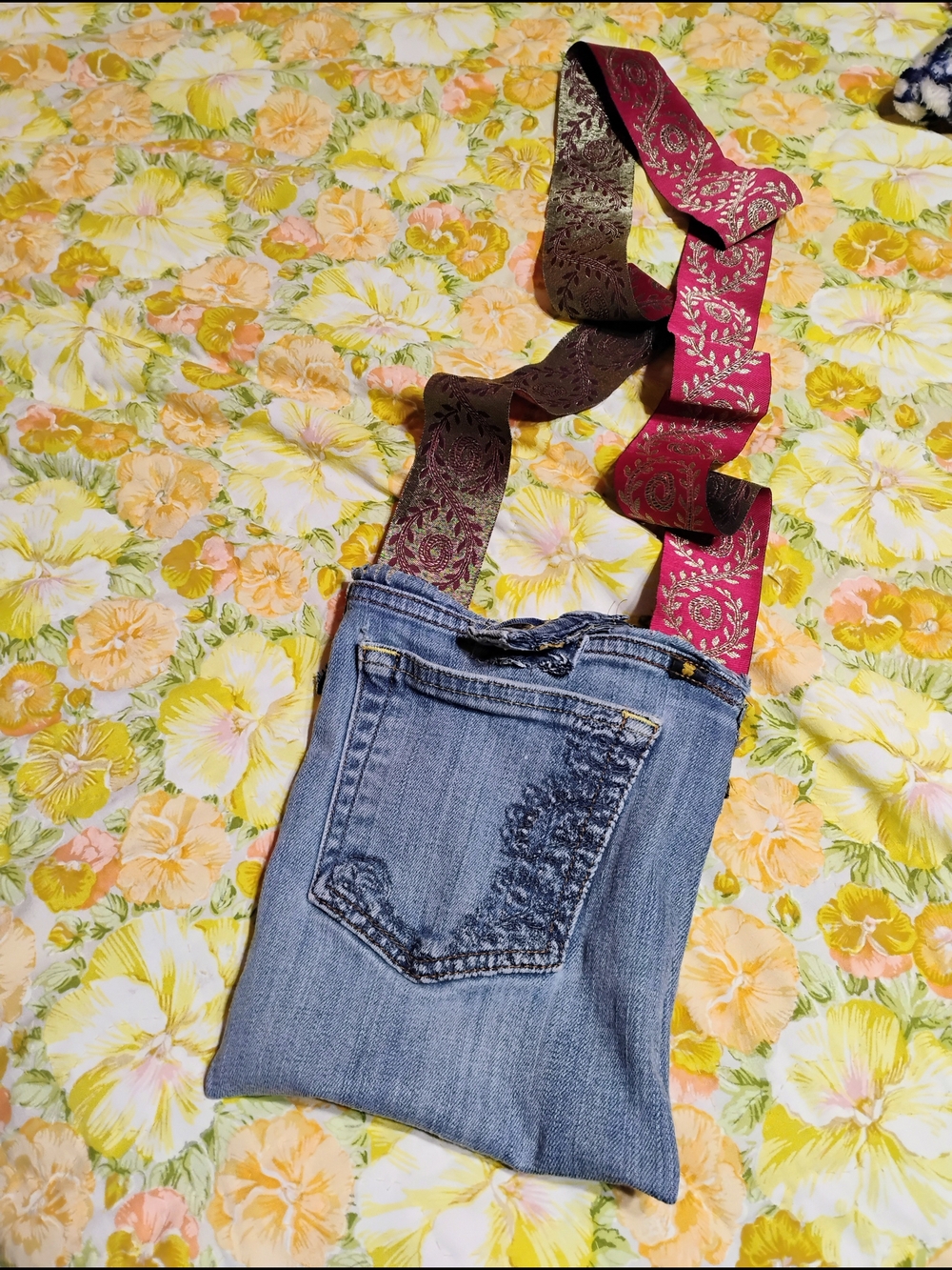 Denim Crossbody Bag with Decorative Red-Gold Jacquard Strap